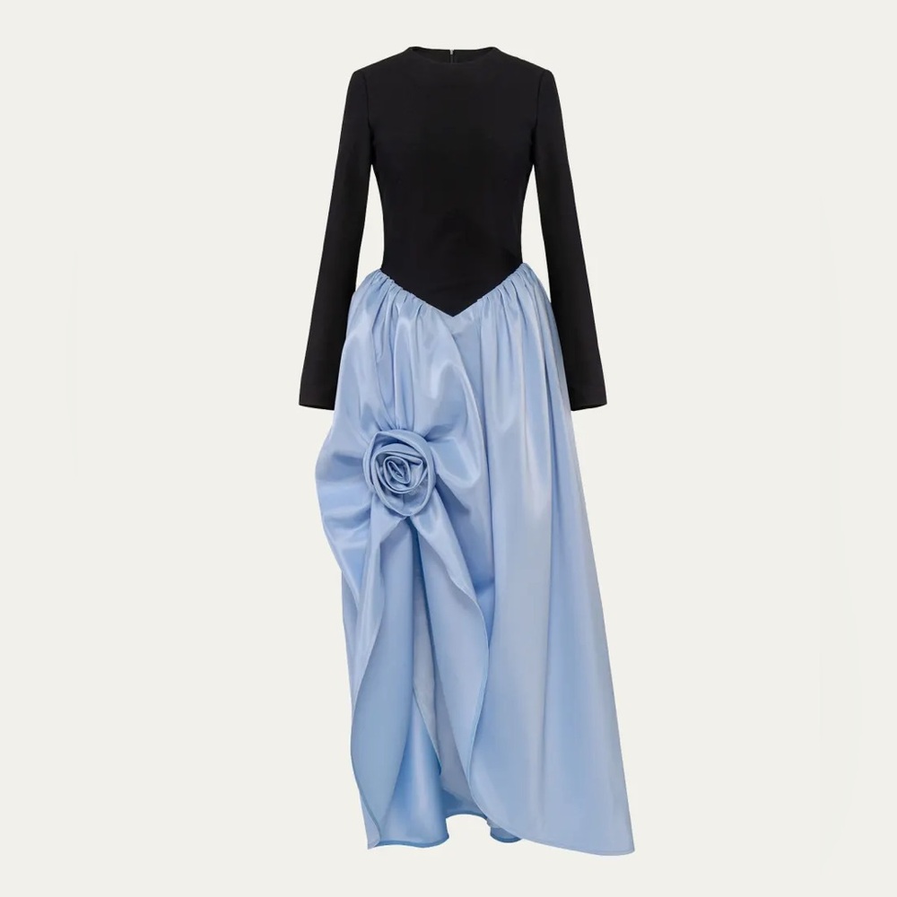 Sleeper Aurora High-Low Basque Rosette Maxi Dress in Blue